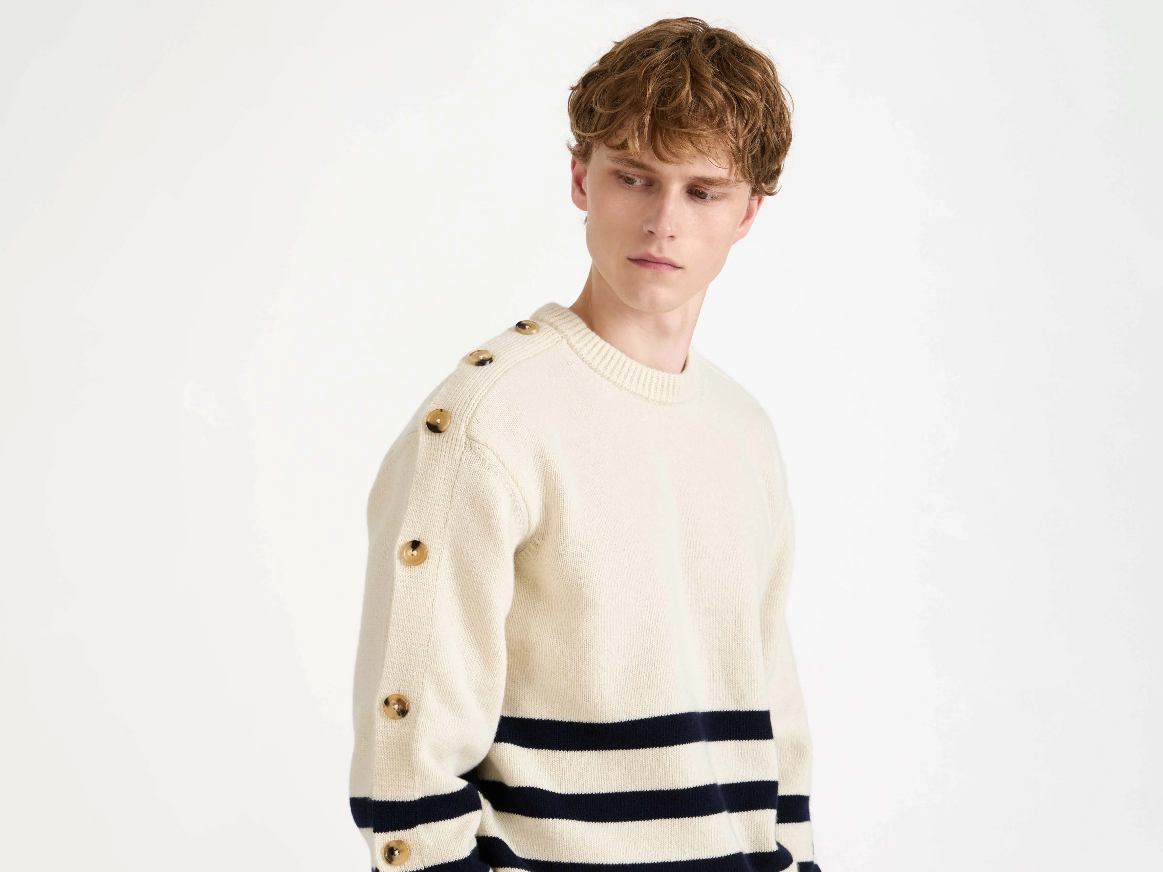MENS BUTTONED SLEEVE BRETON JUMPER IN IVORY - Image 2