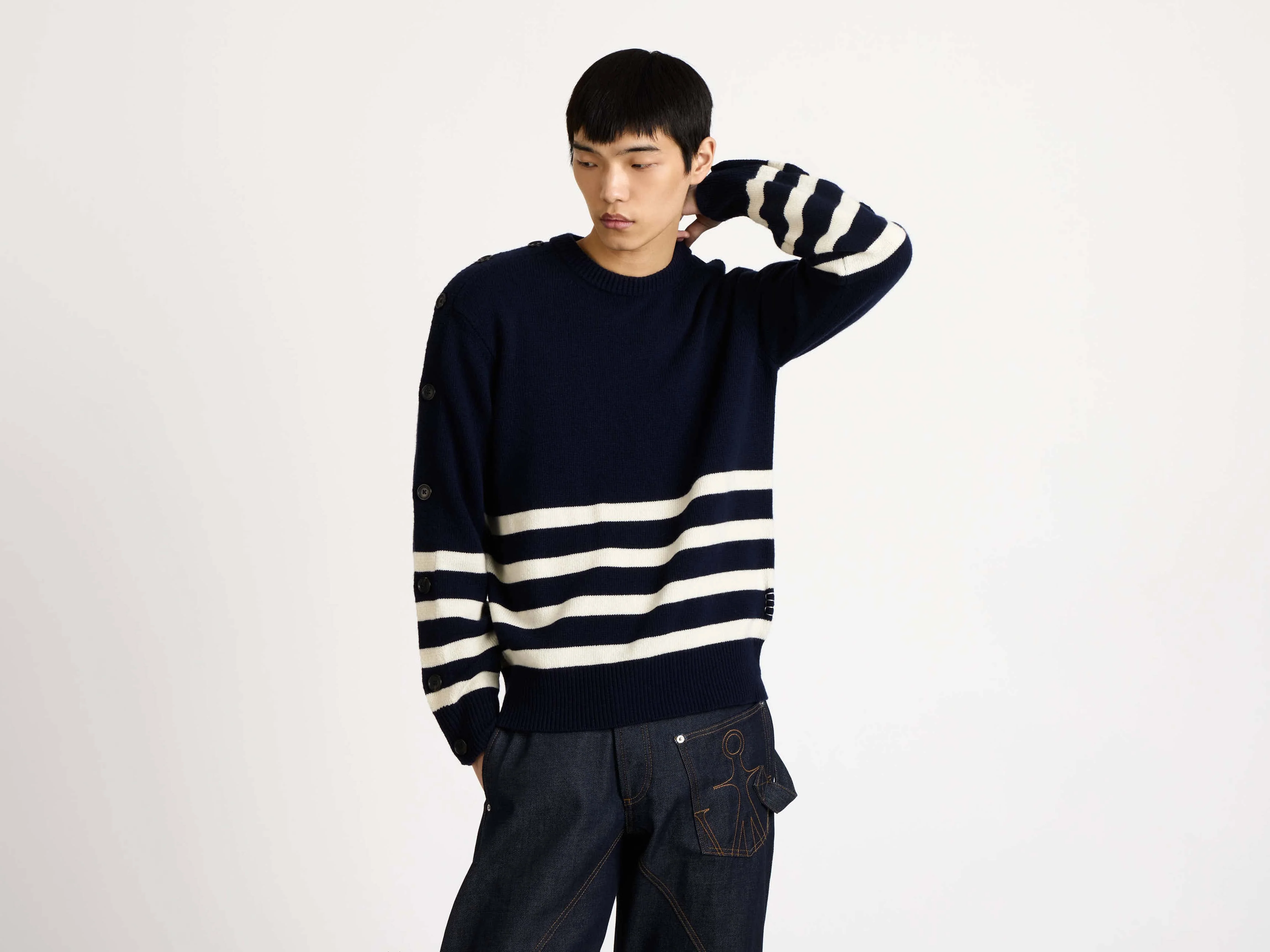 MENS BUTTONED SLEEVE BRETON JUMPER IN NAVY