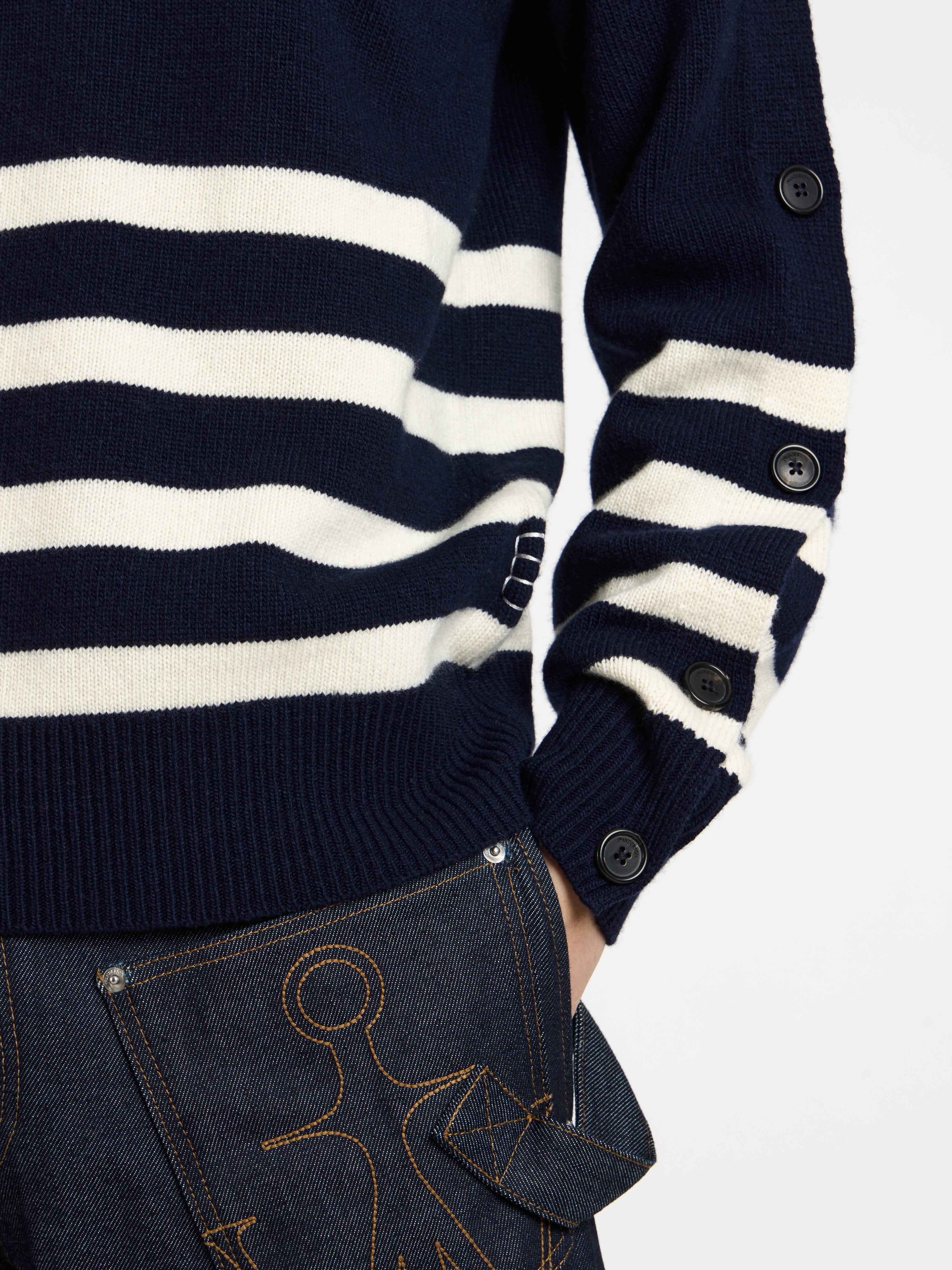 MENS BUTTONED SLEEVE BRETON JUMPER IN NAVY - Image 6