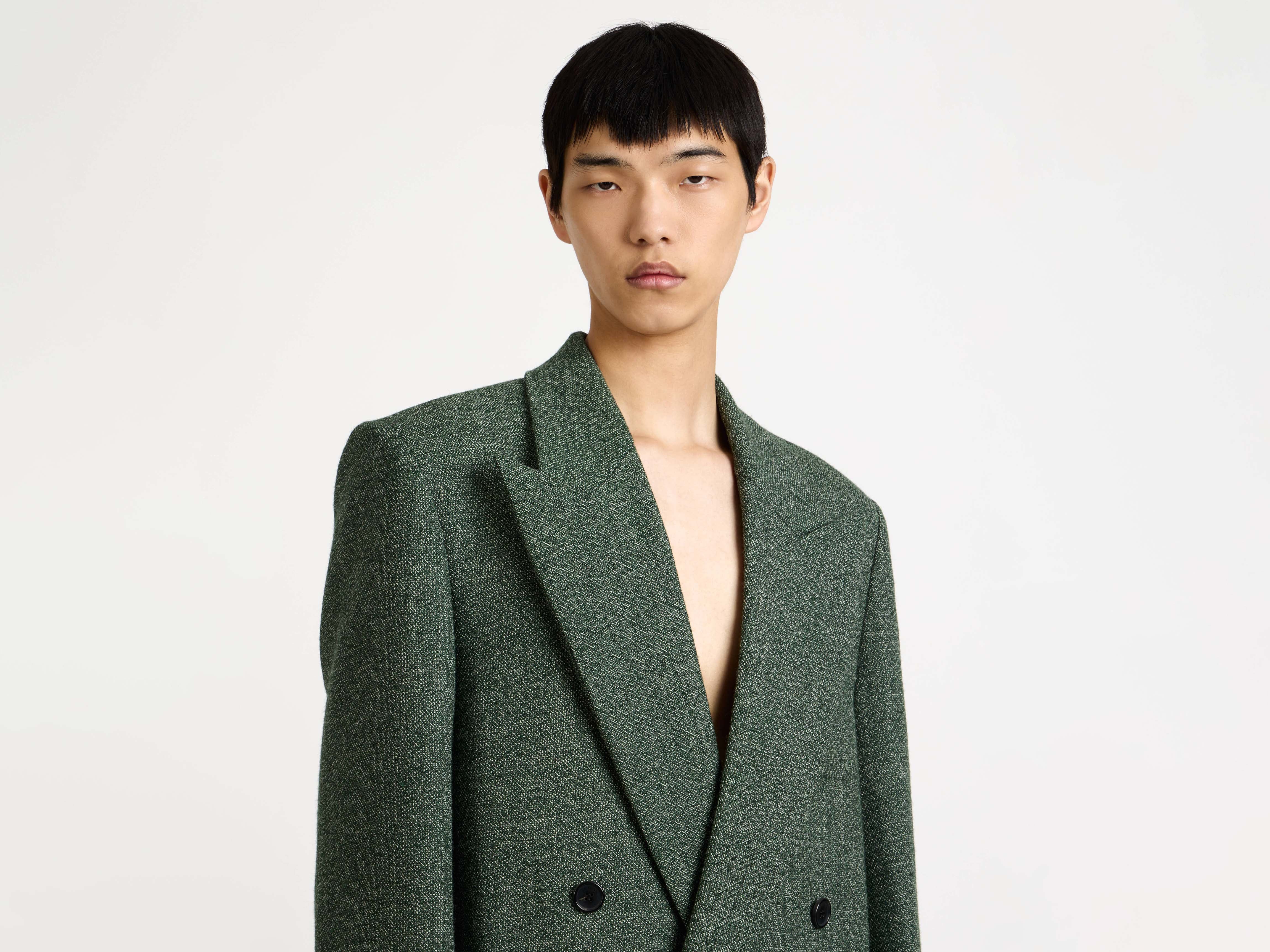 MENS DOUBLE BREASTED COAT IN BOTTLE GREEN - Image 4