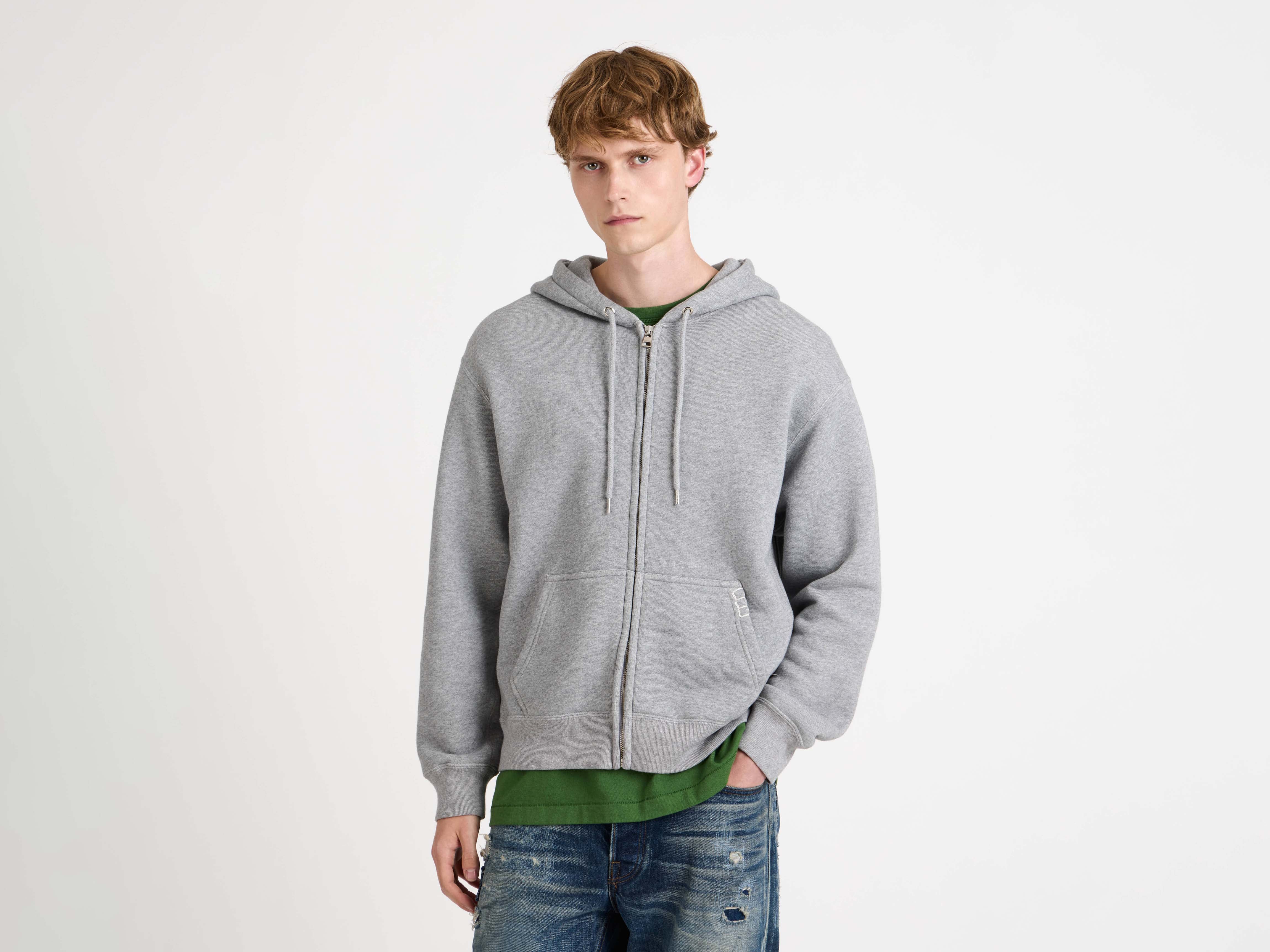 MENS FRONT ZIP HOODIE IN MID GREY MELANGE - Image 3
