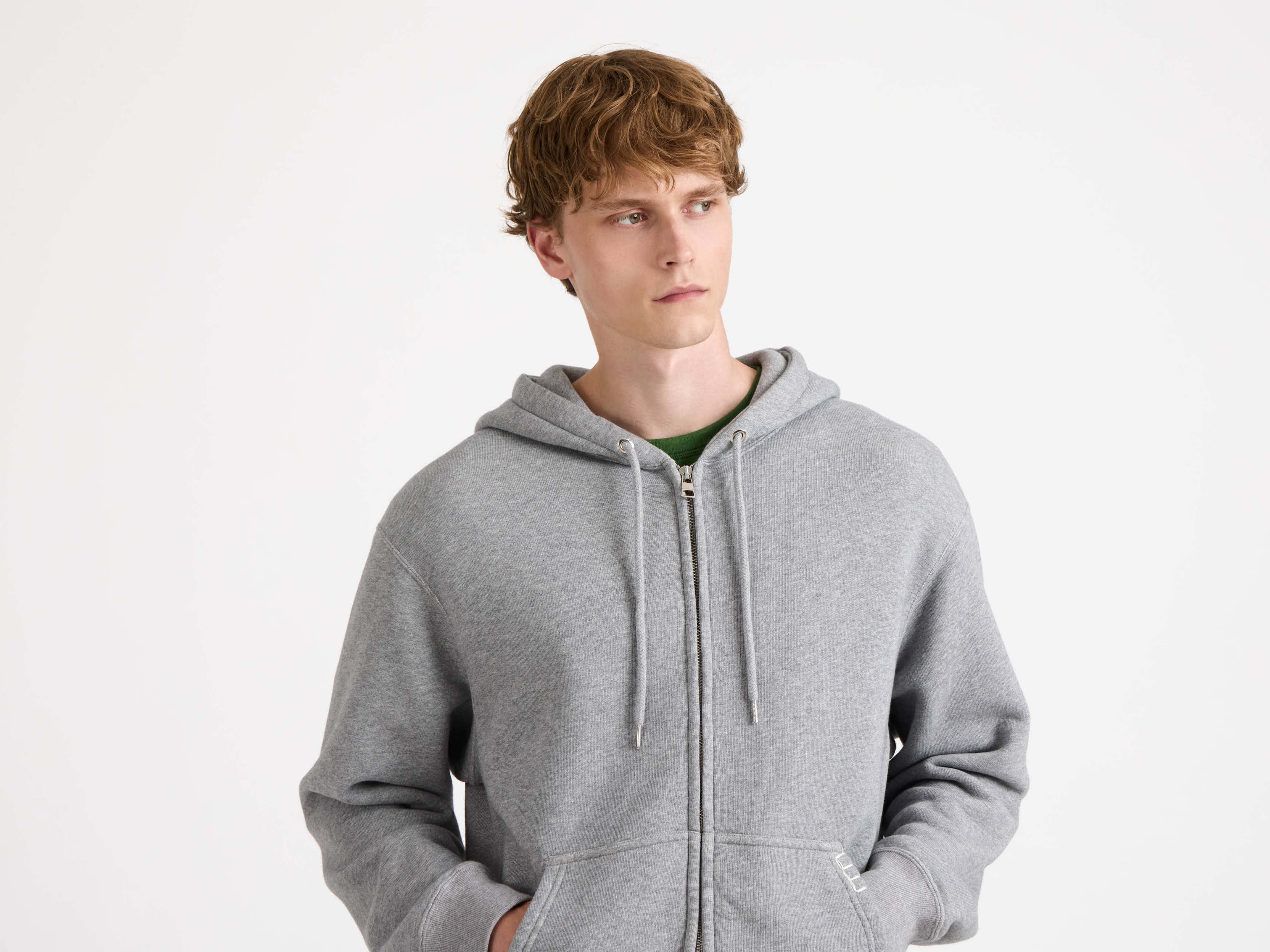 MENS FRONT ZIP HOODIE IN MID GREY MELANGE - Image 4