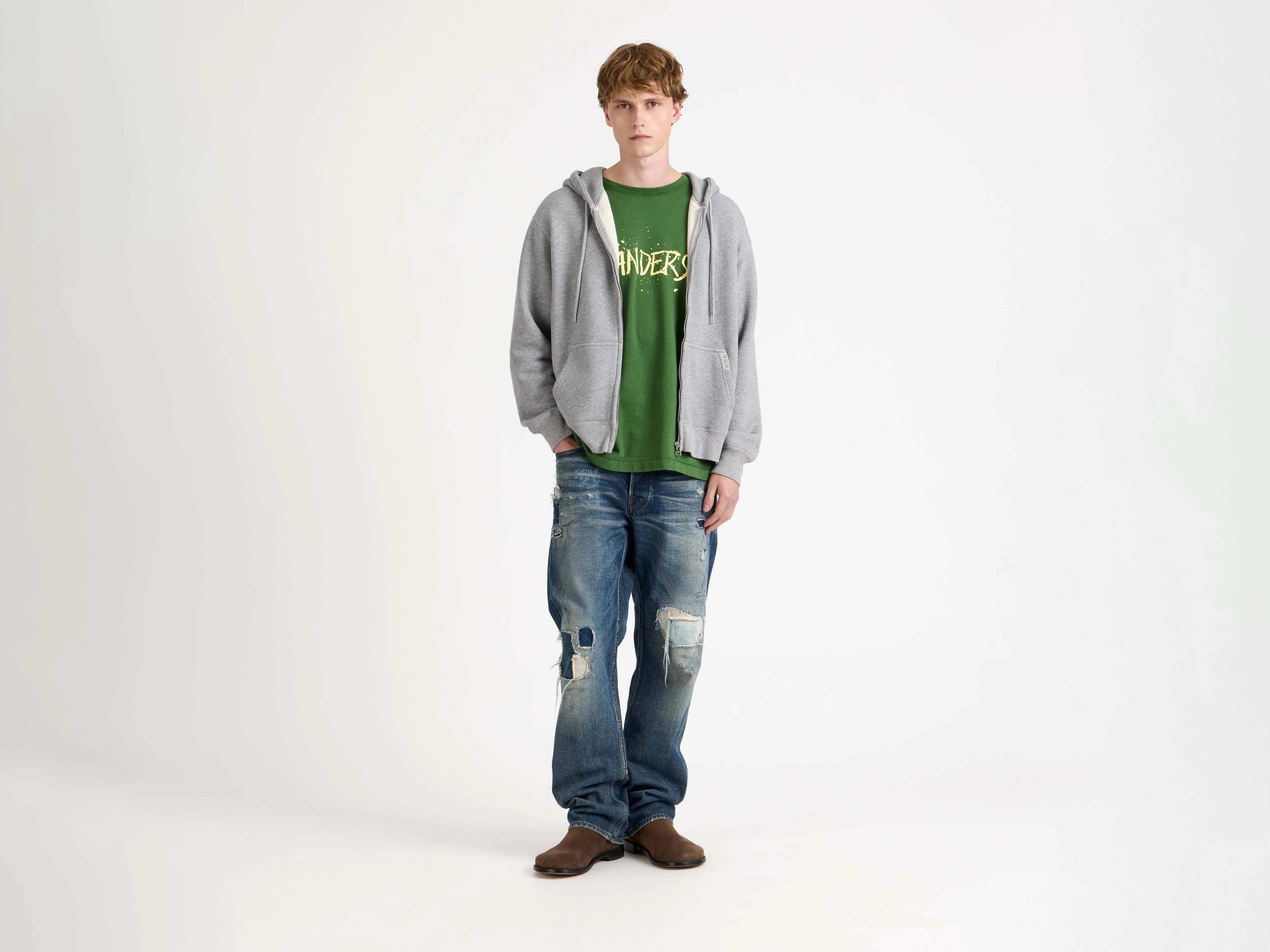 MENS FRONT ZIP HOODIE IN MID GREY MELANGE - Image 5