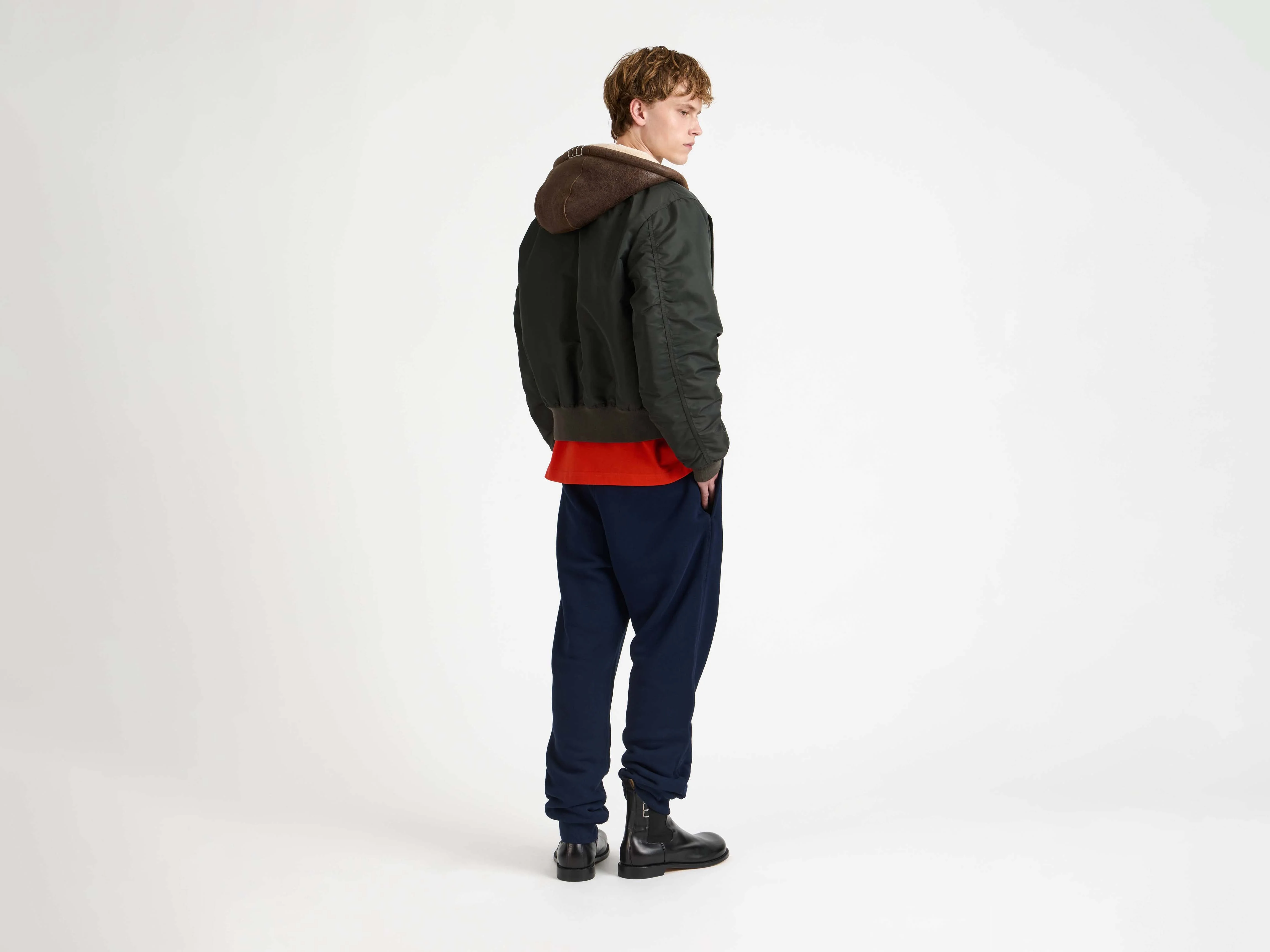 MENS HOODED BOMBER JACKET IN DARK KHAKI - Image 2