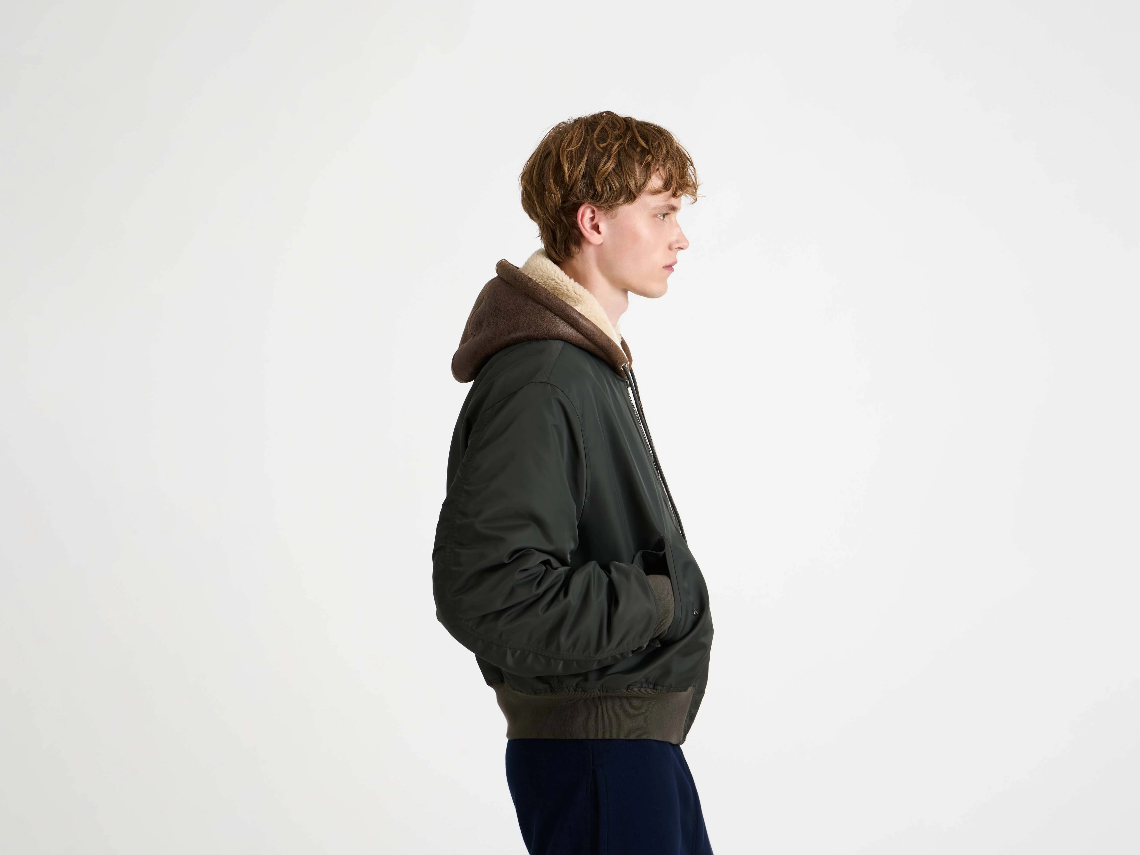MENS HOODED BOMBER JACKET IN DARK KHAKI - Image 3
