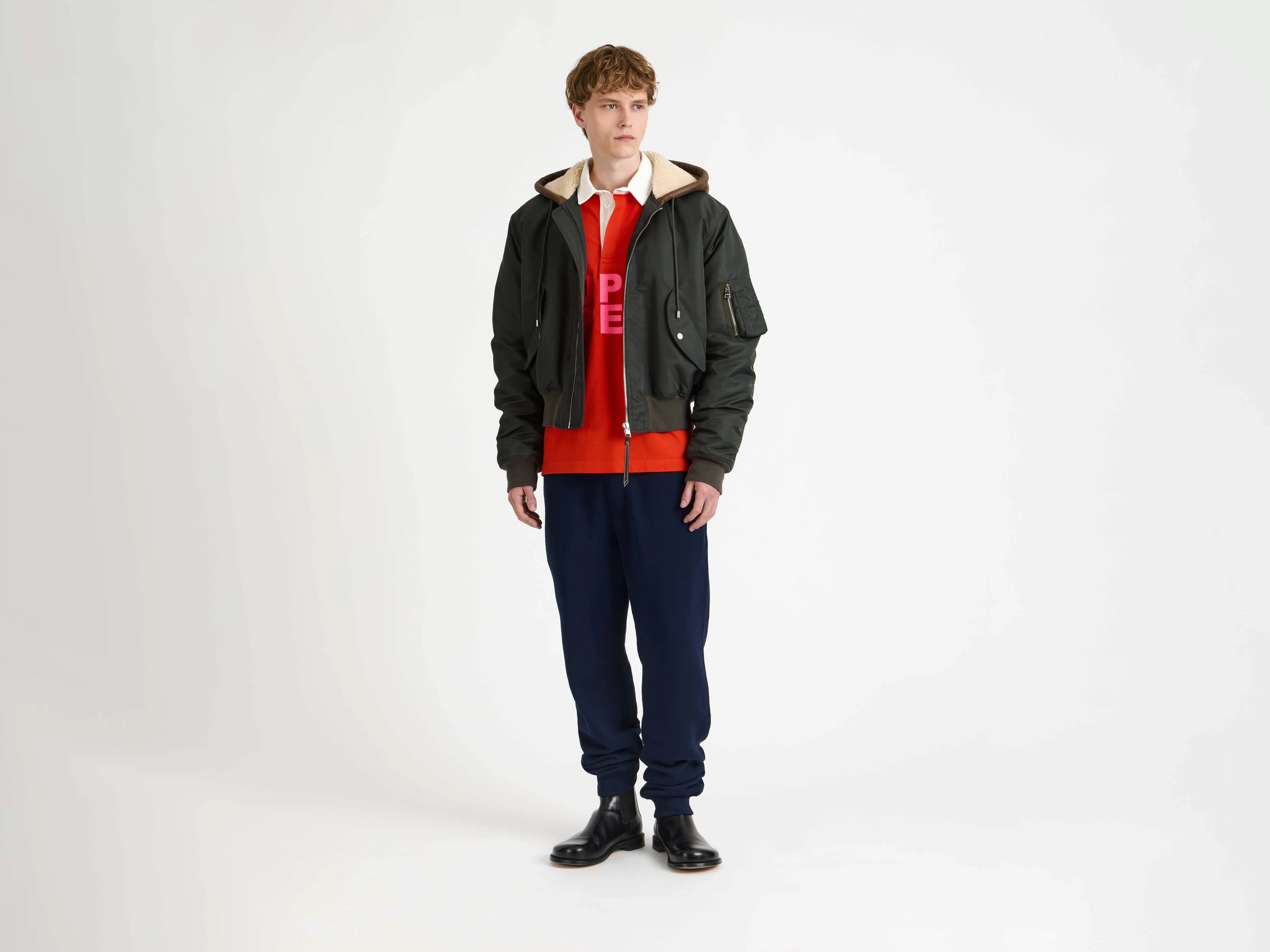 MENS HOODED BOMBER JACKET IN DARK KHAKI - Image 4