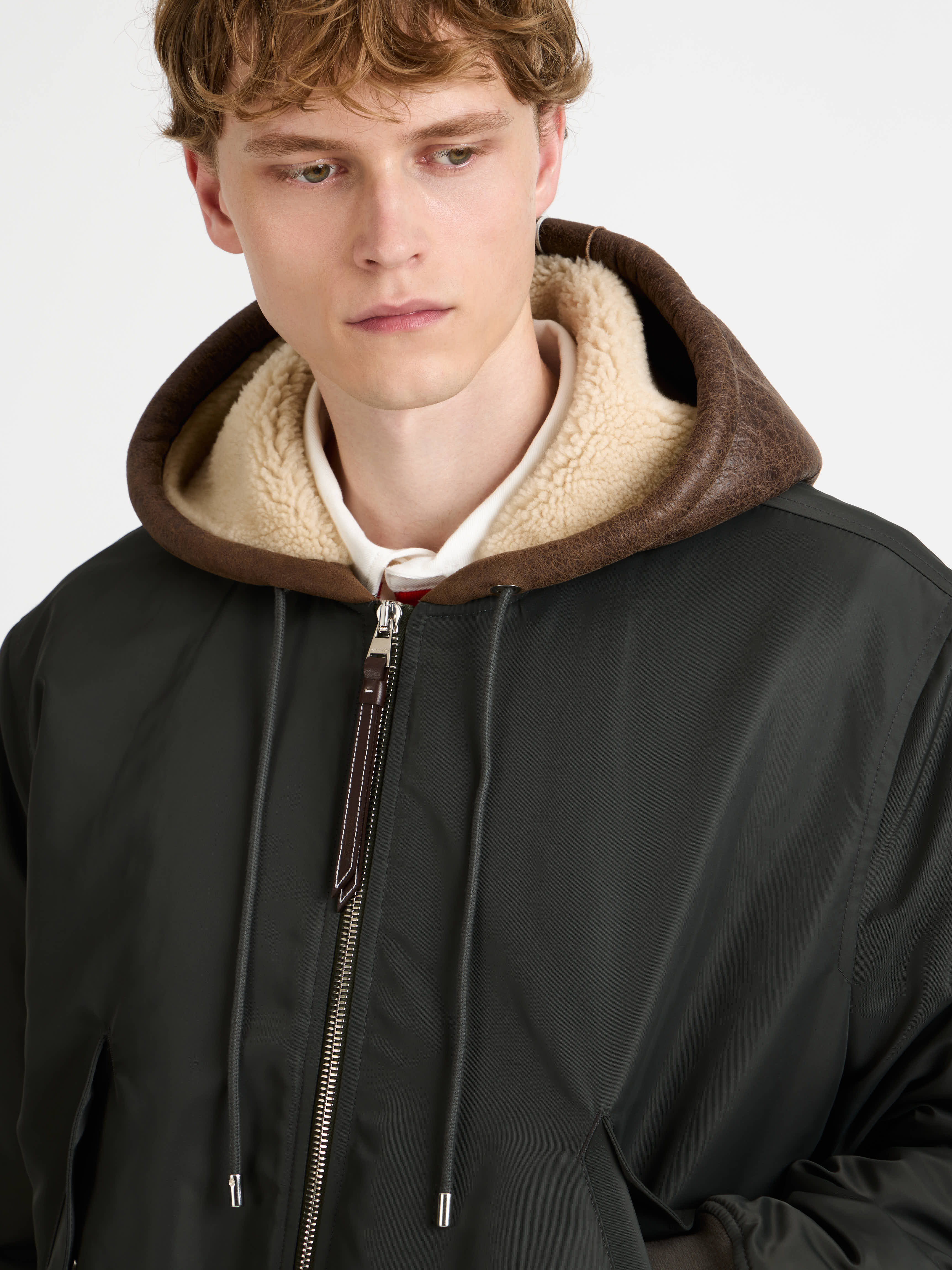 MENS HOODED BOMBER JACKET IN DARK KHAKI - Image 6