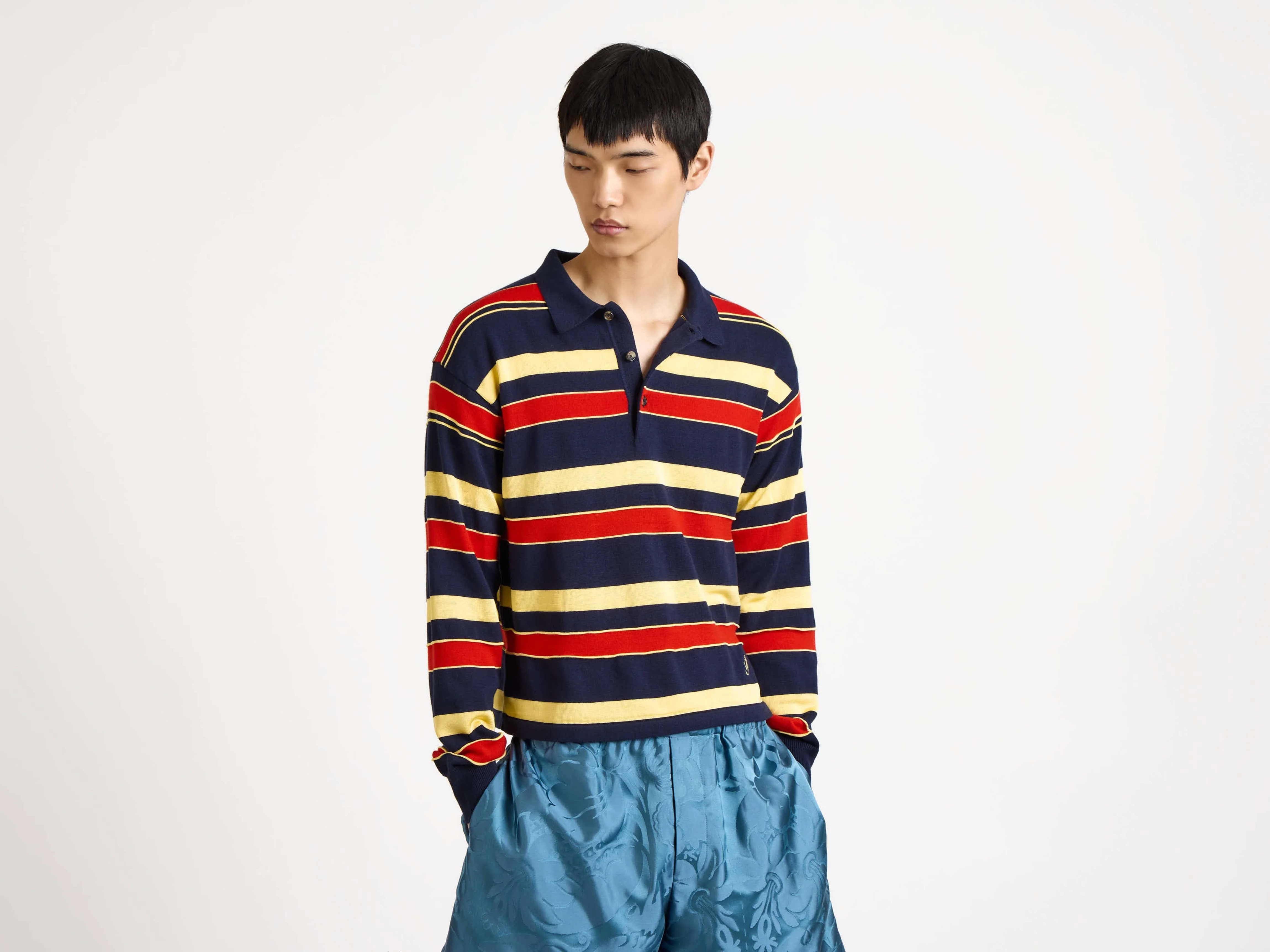 MENS KNITTED STRIPED RUGBY POLO TOP IN NAVY - Image 4