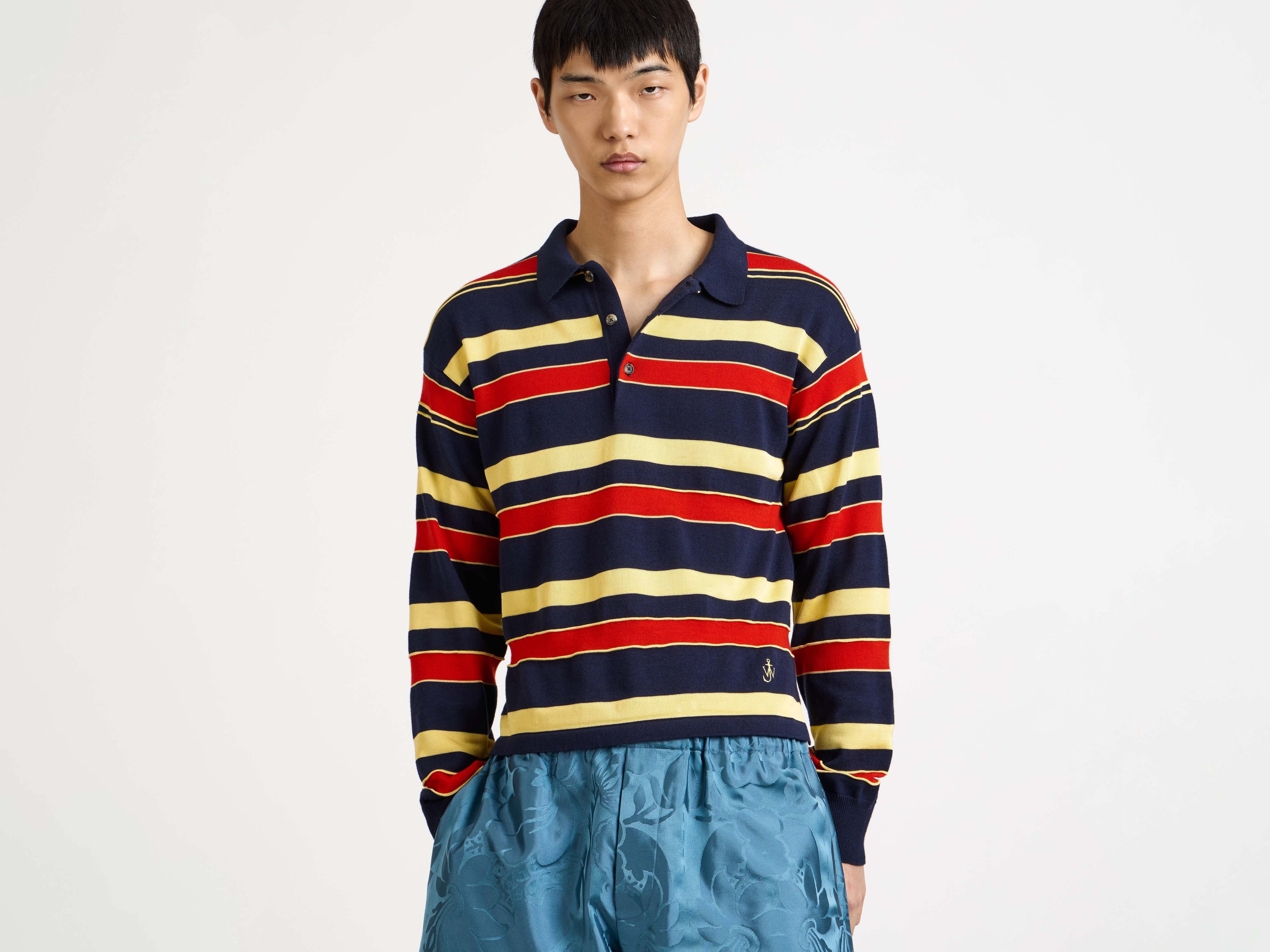 MENS KNITTED STRIPED RUGBY POLO TOP IN NAVY - Image 6
