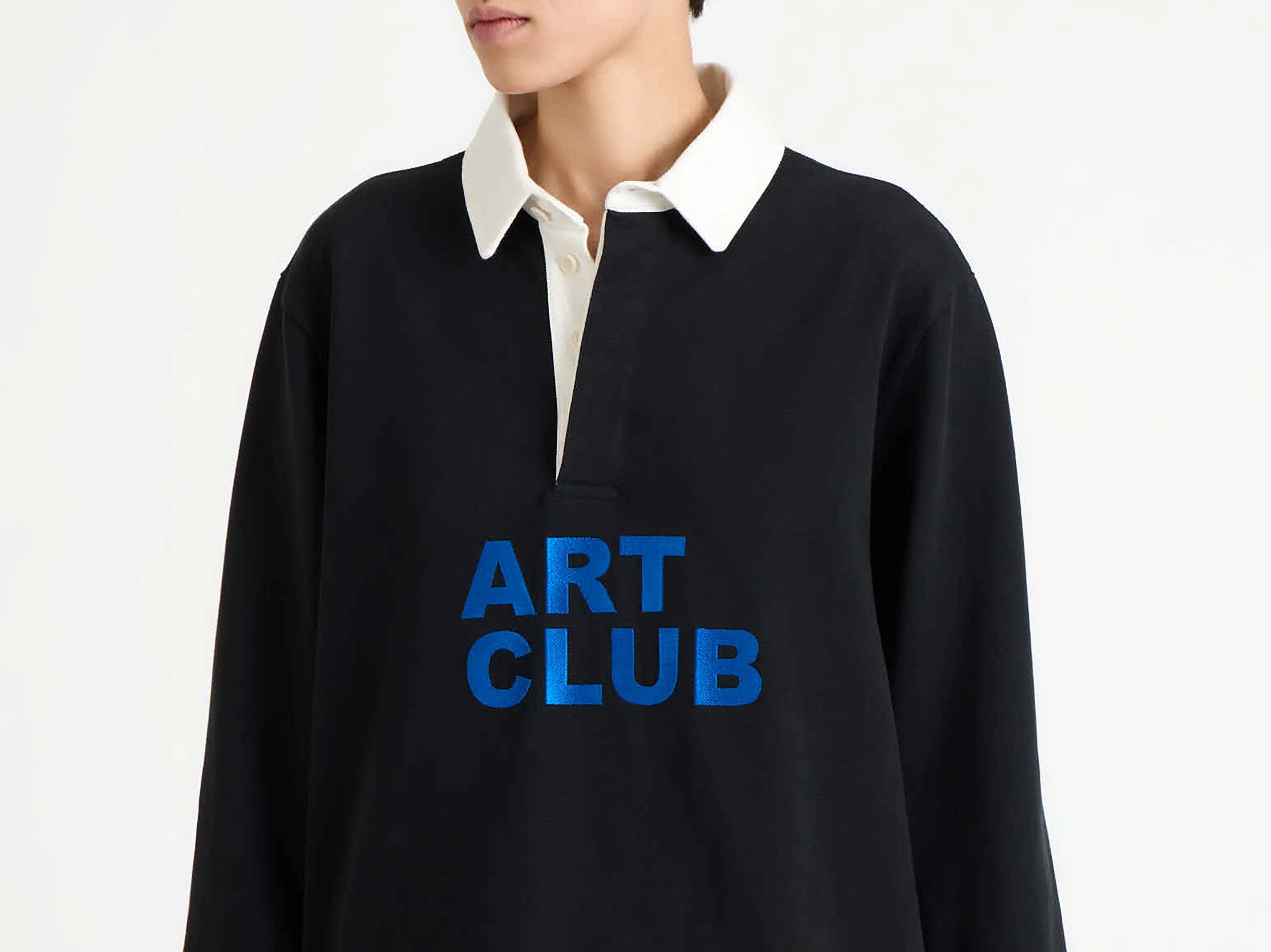 WOMENS 'ART CLUB' RUGBY POLO TOP IN WASHED BLACK - Image 3