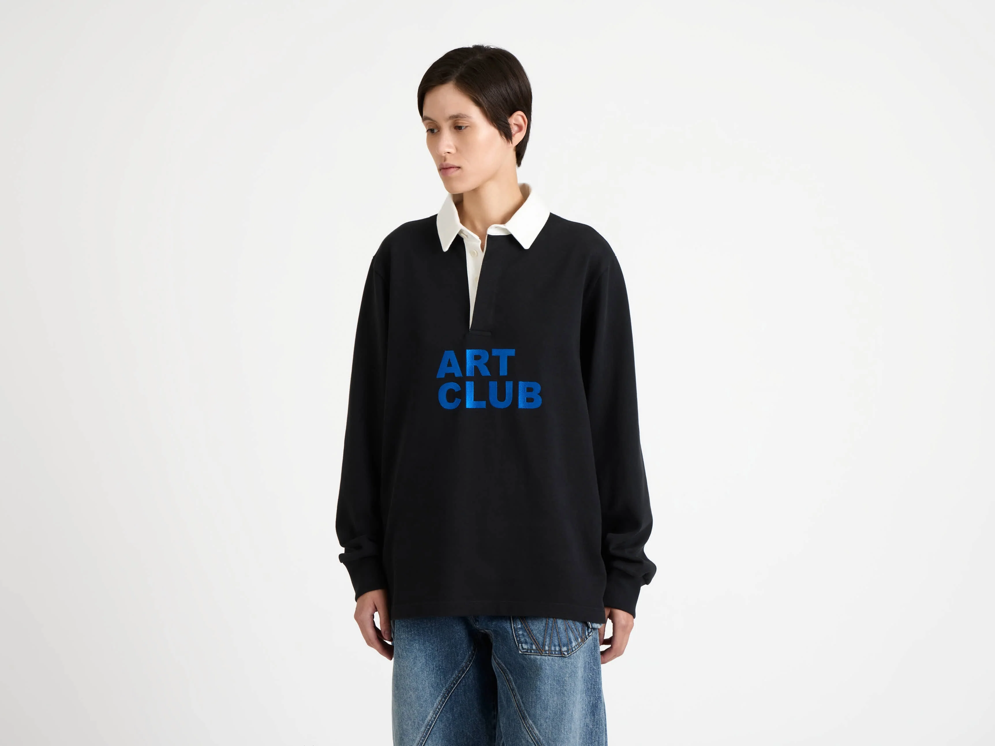 WOMENS 'ART CLUB' RUGBY POLO TOP IN WASHED BLACK - Image 4