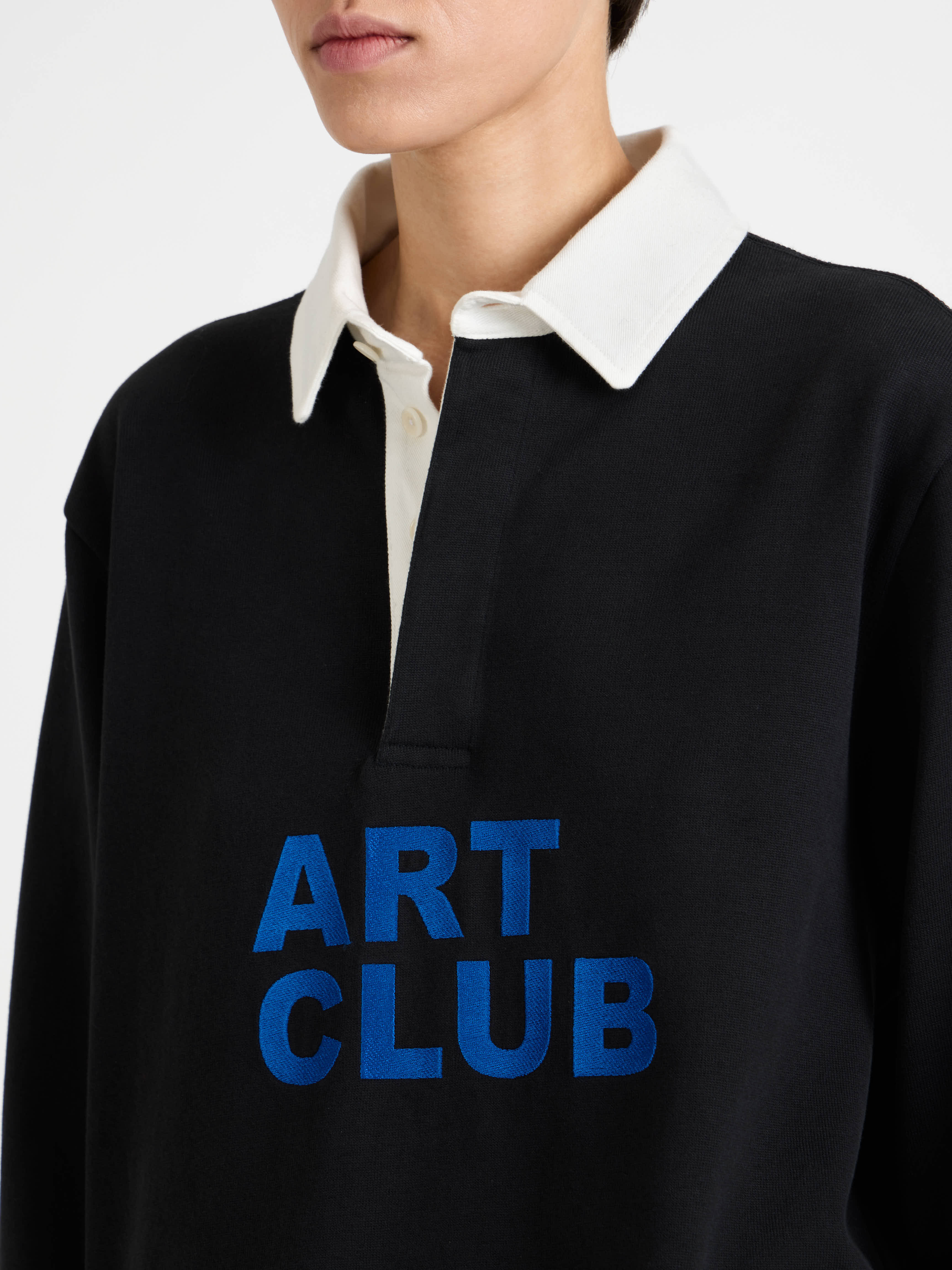 WOMENS 'ART CLUB' RUGBY POLO TOP IN WASHED BLACK - Image 5
