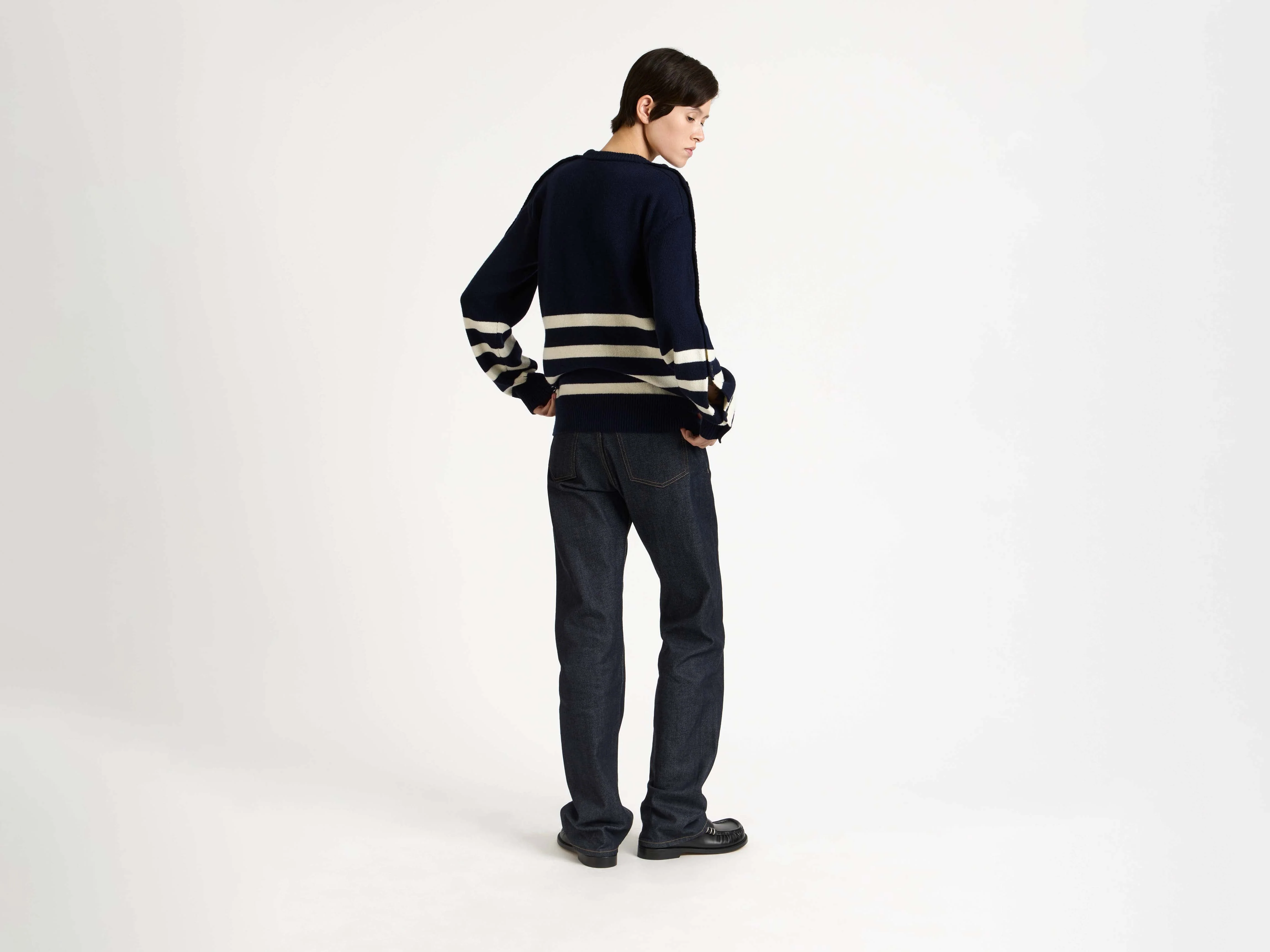 WOMENS BUTTONED SLEEVE BRETON JUMPER IN NAVY - Image 4