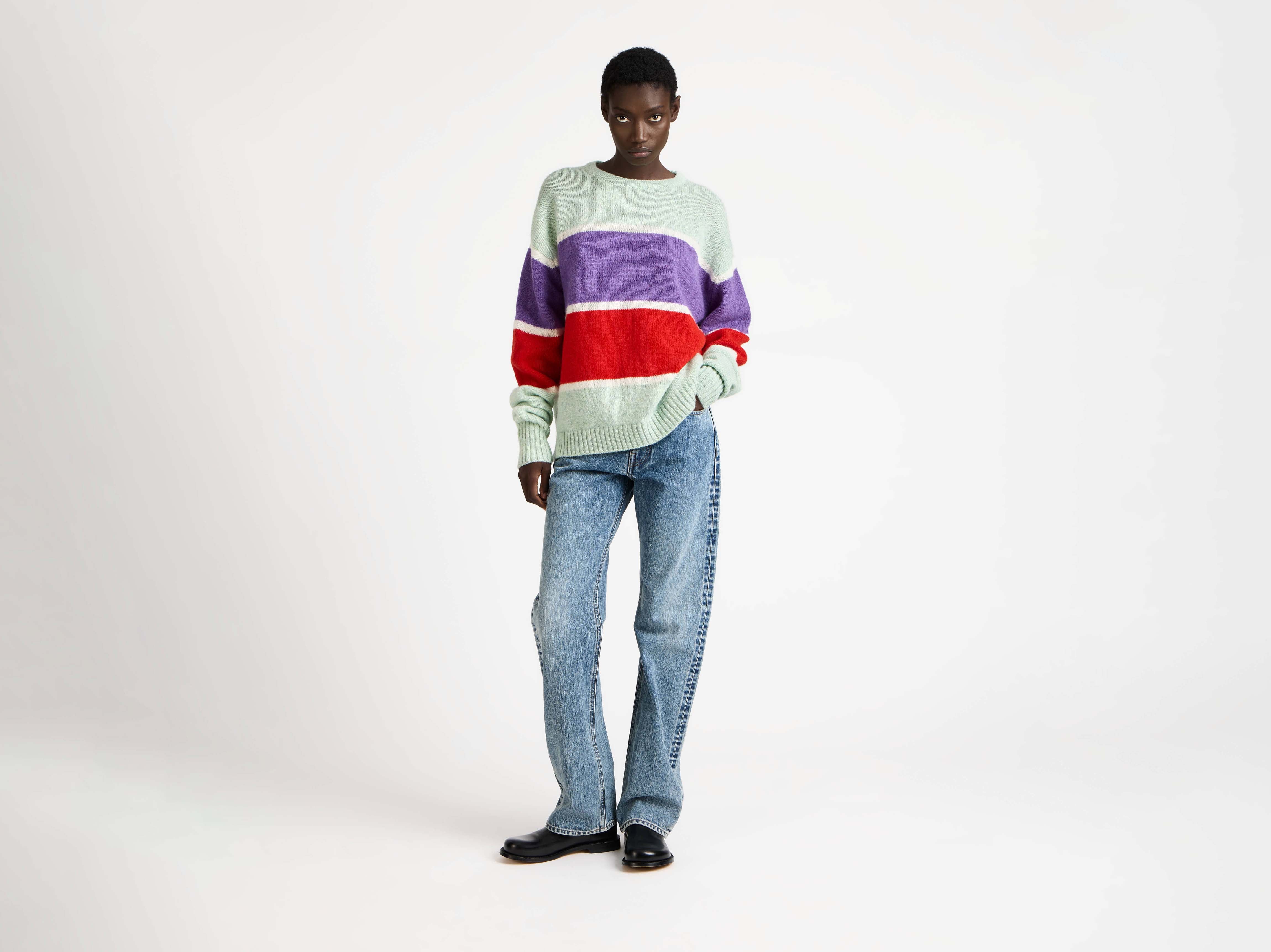 WOMENS CONTRAST STRIPED CREW NECK JUMPER IN MINT - Image 5