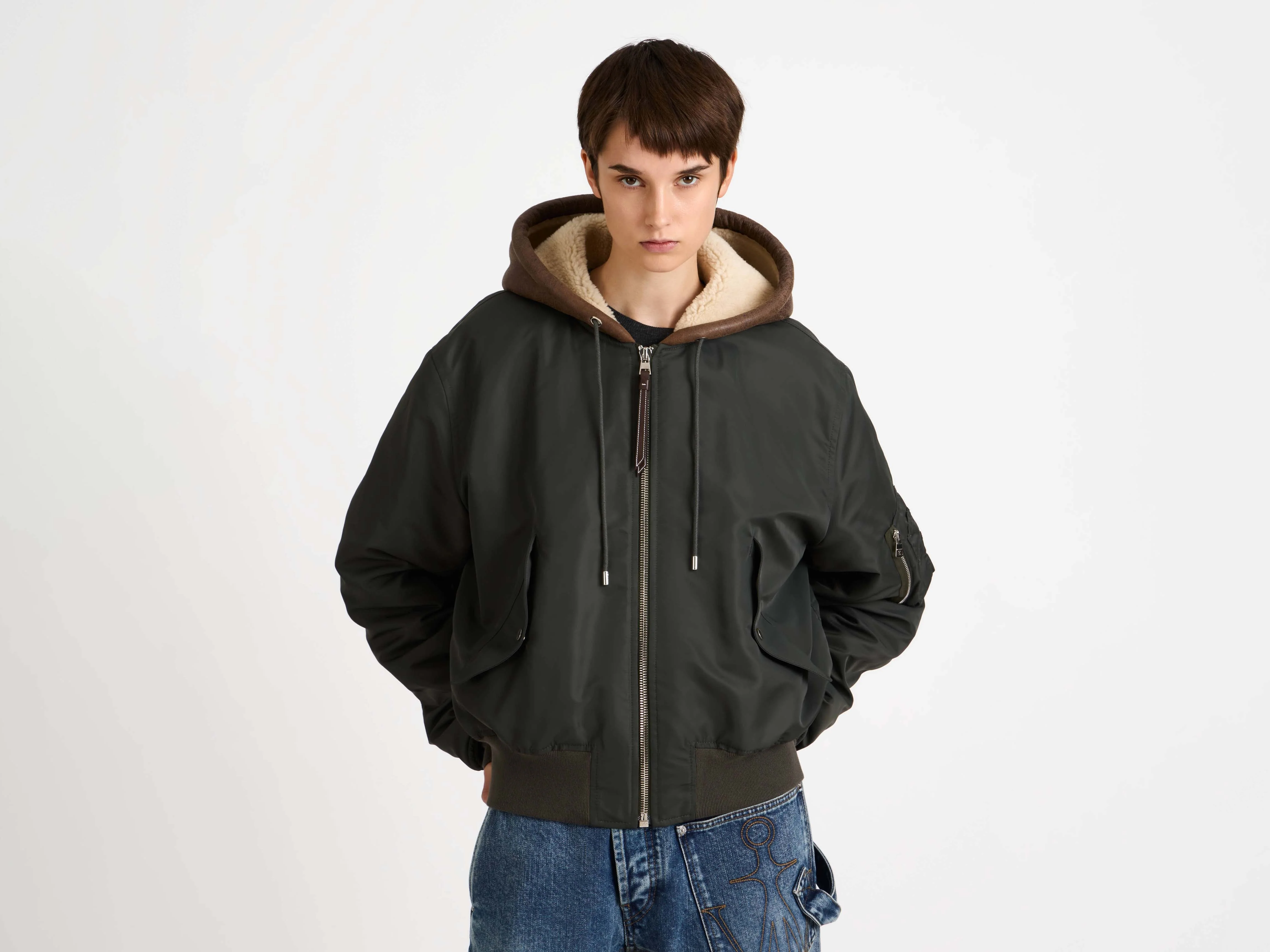 WOMENS HOODED BOMBER JACKET IN DARK KHAKI - Image 3