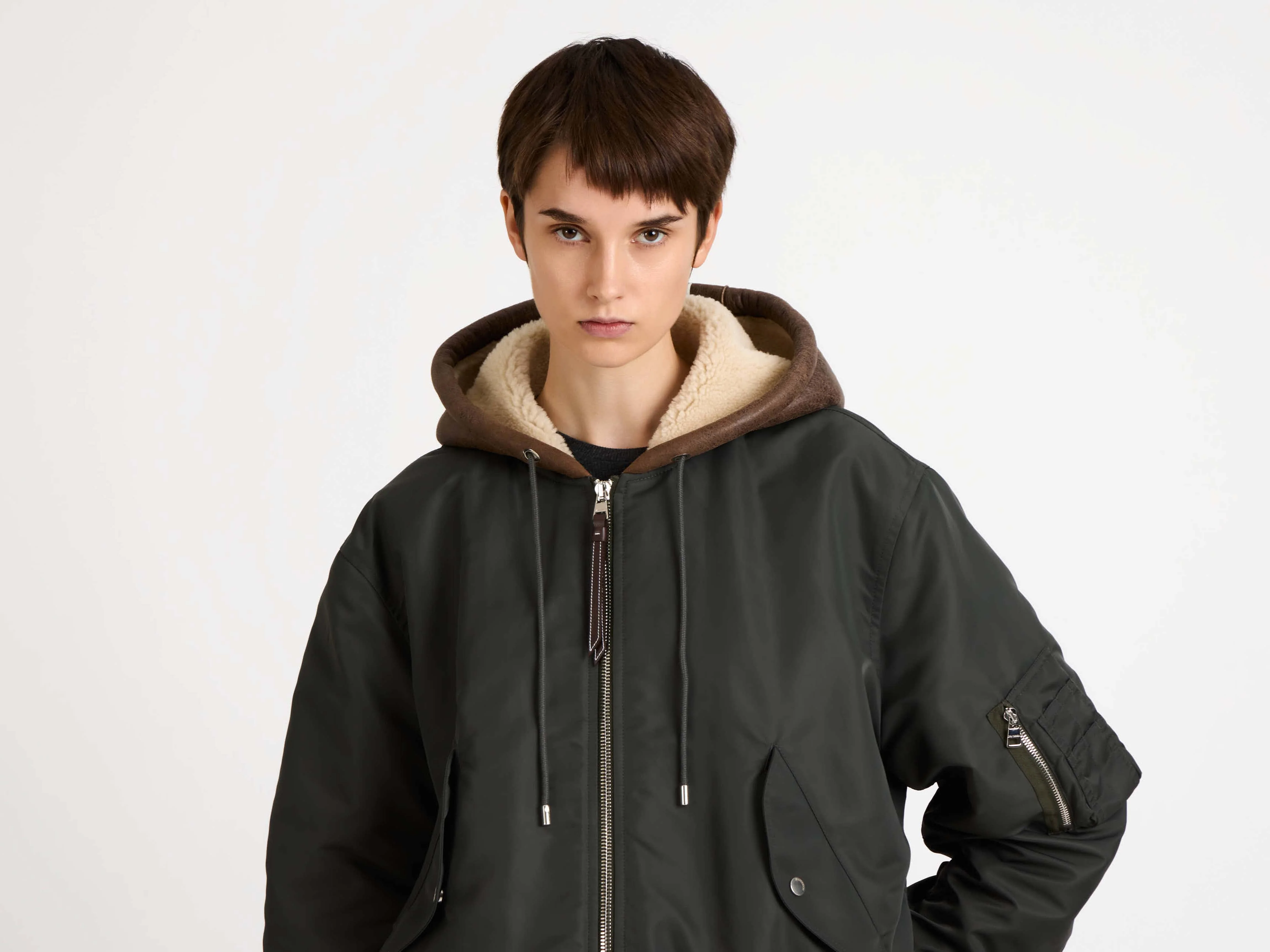 WOMENS HOODED BOMBER JACKET IN DARK KHAKI - Image 4