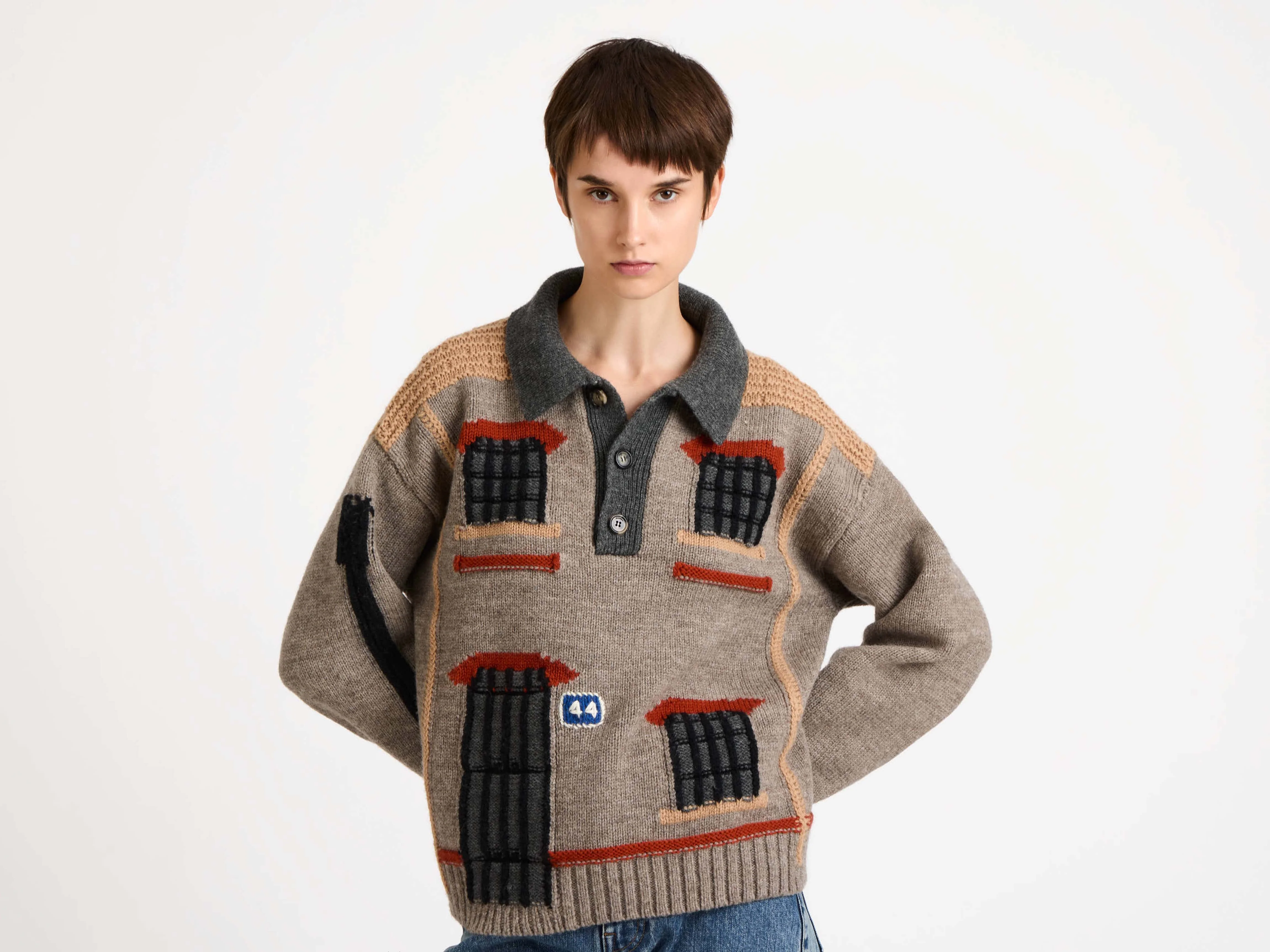 WOMENS HOUSE POLO JUMPER IN BEIGE MELANGE - Image 3