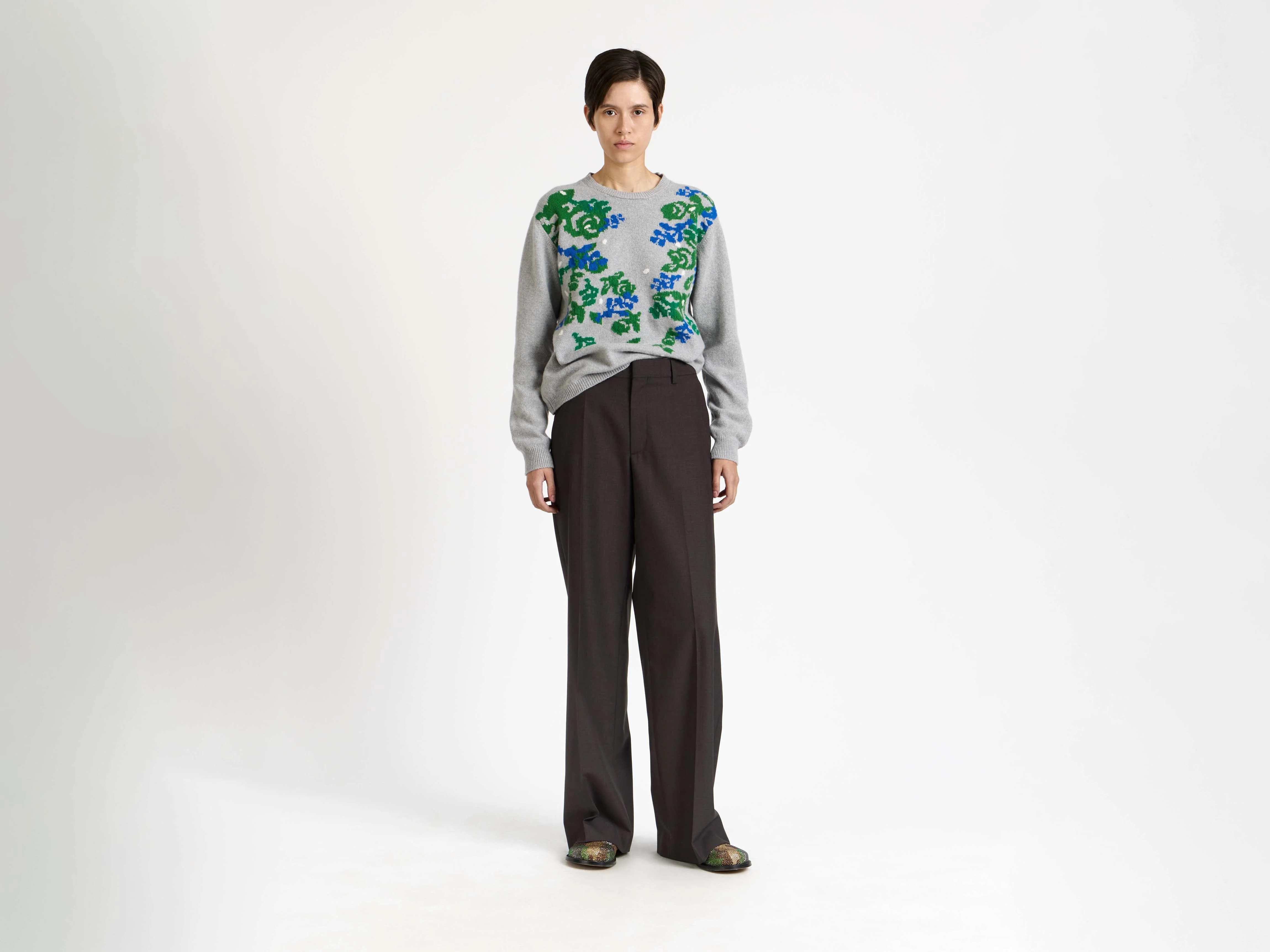 WOMENS JW ANDERSON X PRINGLE FLORAL CREW NECK JUMPER IN GREY MELANGE - Image 5