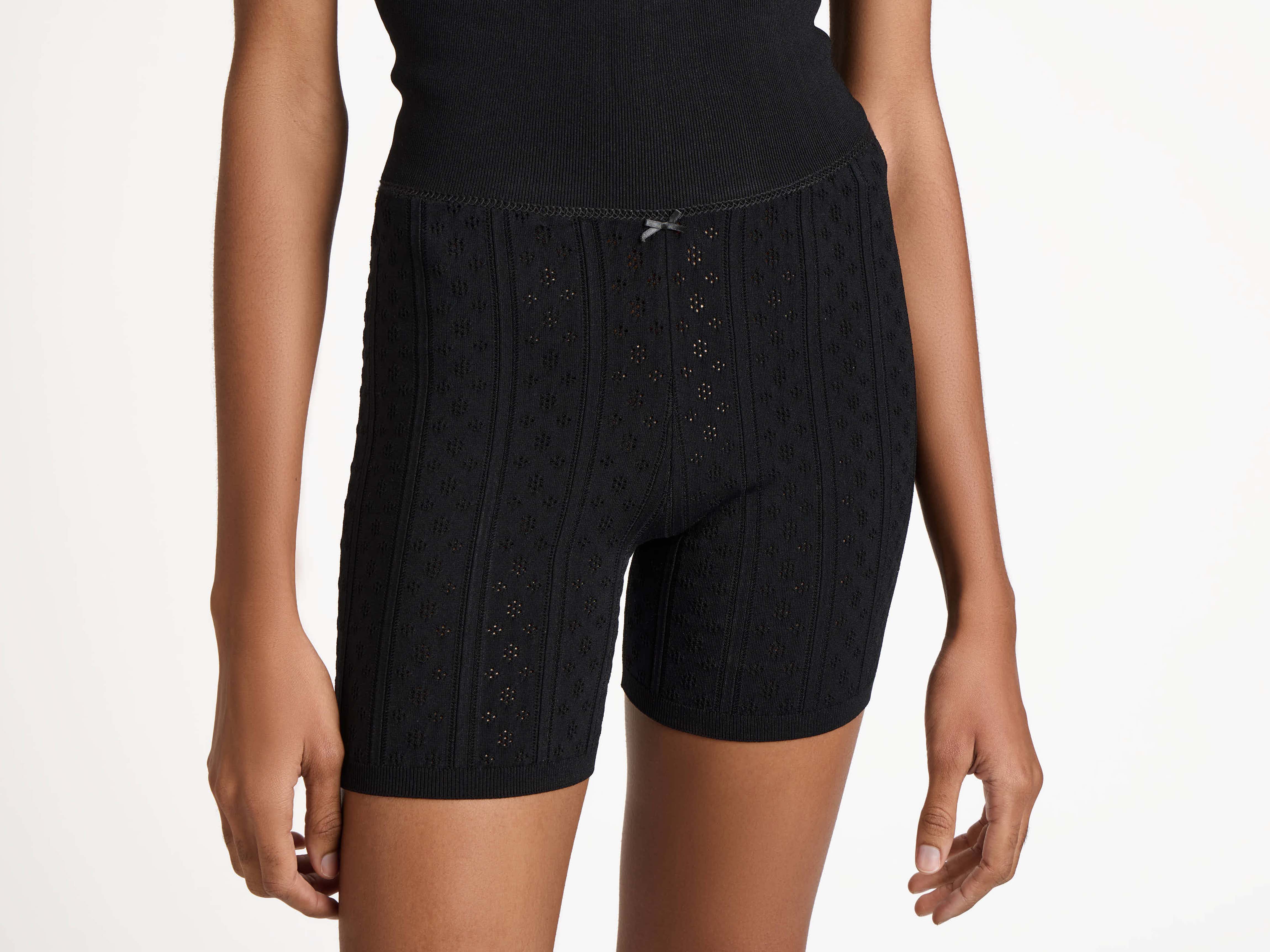 WOMENS KNITTED POINTELLE FITTED SHORTS IN BLACK - Image 4
