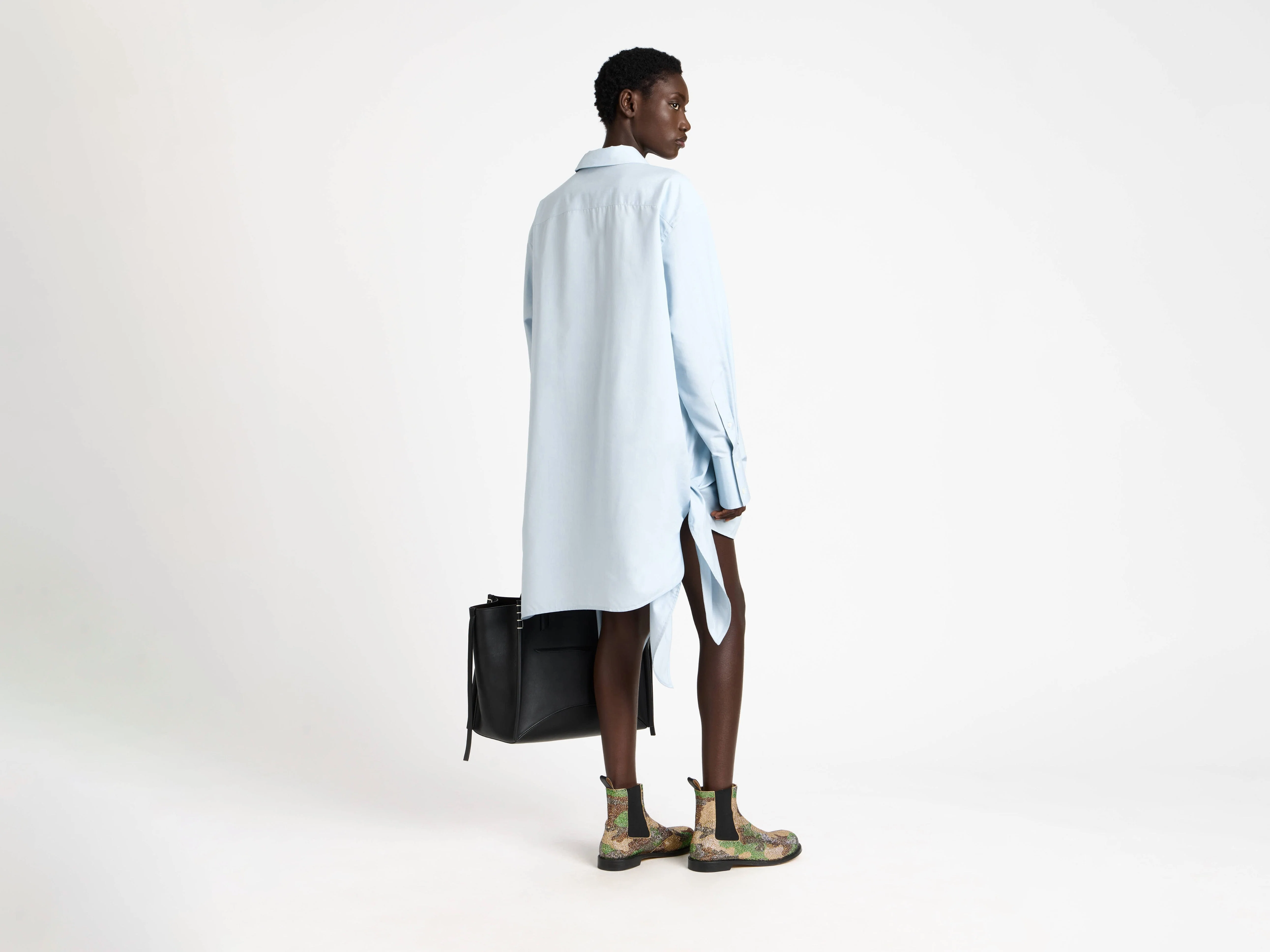 WOMENS KNOTTED DETAIL SILK SHIRT DRESS IN POWDER BLUE - Image 3