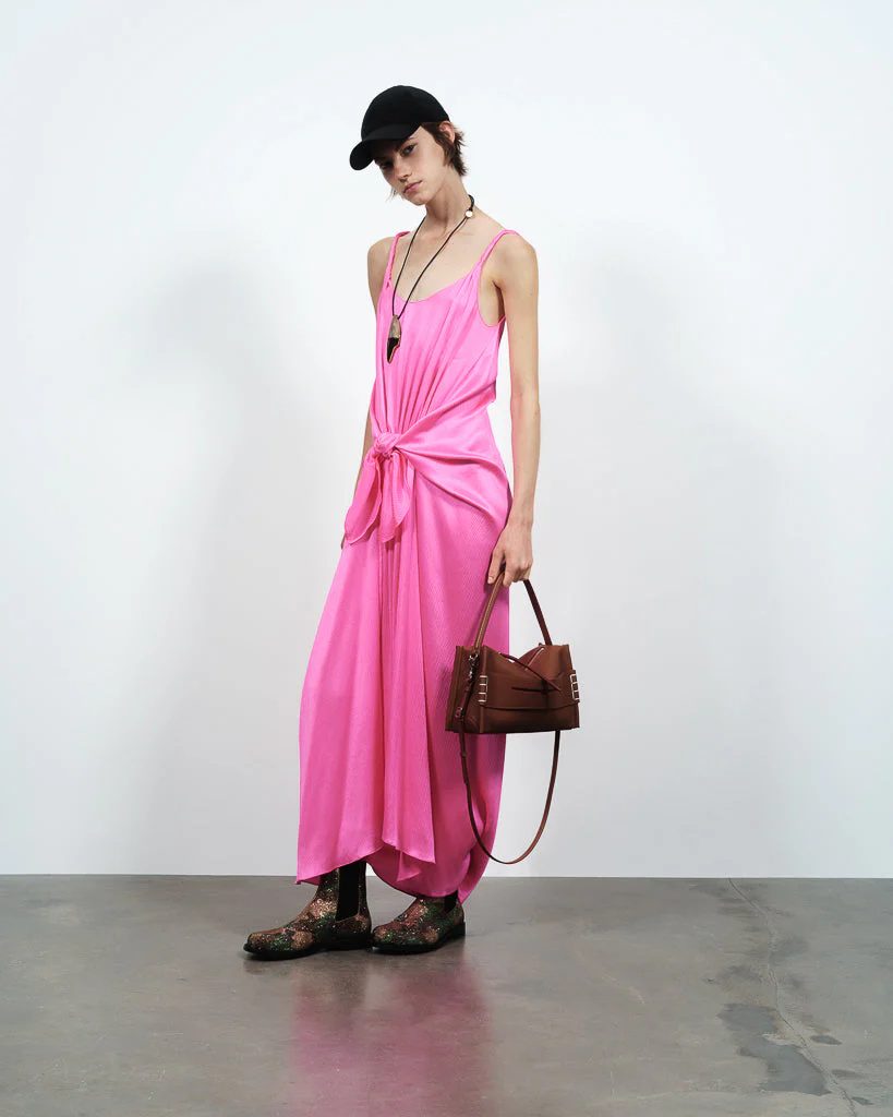WOMENS KNOTTED WAIST LONGLINE DRESS IN PINK