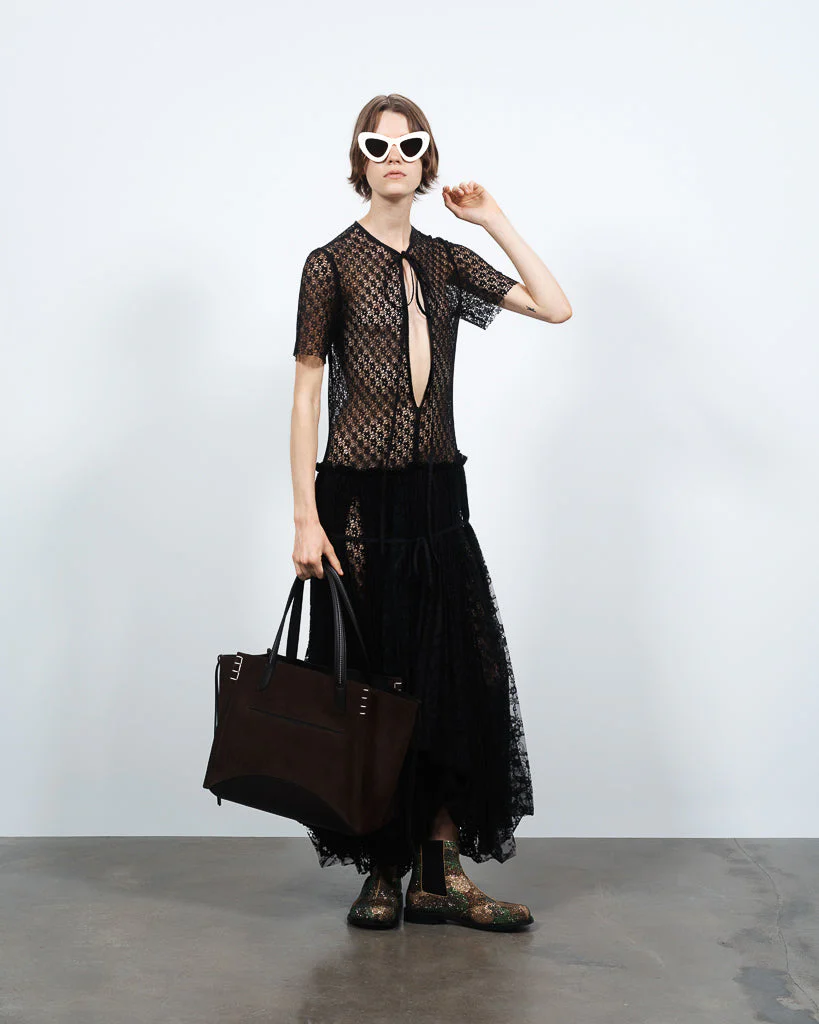 WOMENS MIXED LACE LONGLINE DRESS IN BLACK
