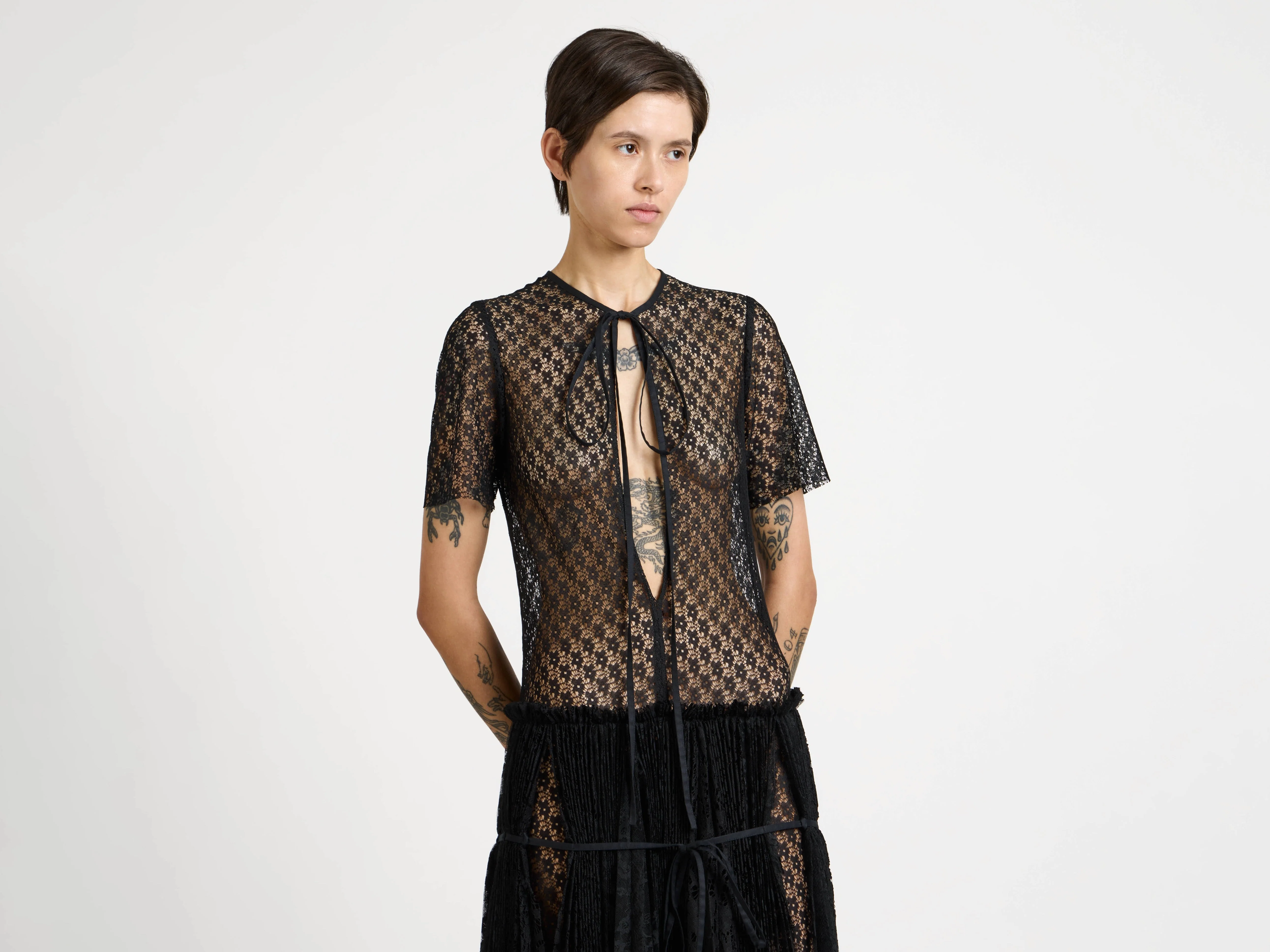 WOMENS MIXED LACE LONGLINE DRESS IN BLACK - Image 6